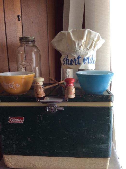 Vintage coolers and Pyrex.