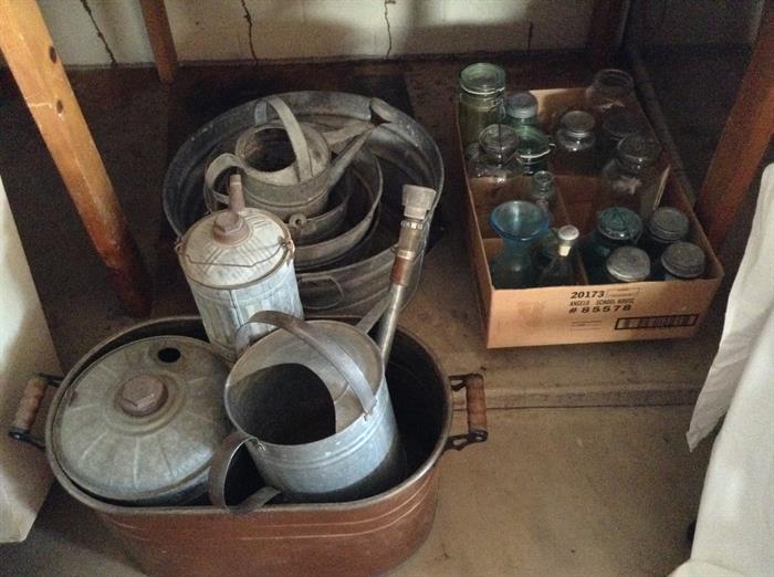 Tubs, watering cans, copper tub. Glass jars no longer available.