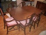 D F double pedestal mahog. table (2 leaves) with 6 shield back chairs