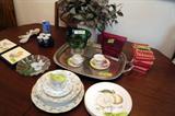 Dining room table with 6 chairs and one leaf, other decorative pieces, glassware and small items