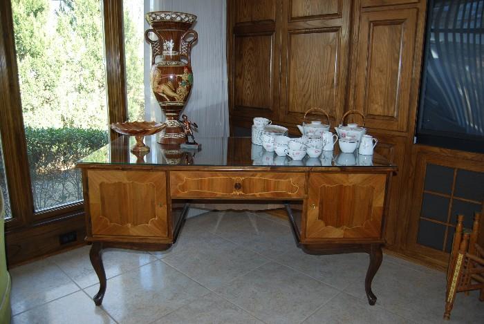 Gorgeous inlaid desk, china luncheon set, vintage alabaster serving piece, inlaid Egyptian vase