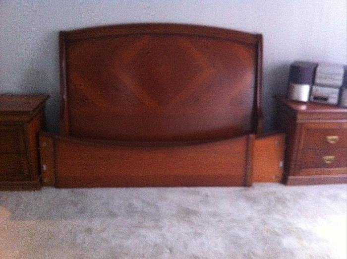 Cherry, Italian, solid, glossy queen-sized sleigh bed with two night tables. Excellent condition
