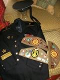 Authentic Soviet Naval Admirals coat with medals and military cap plus .--The Russian military caps are filled with military pins on front and back