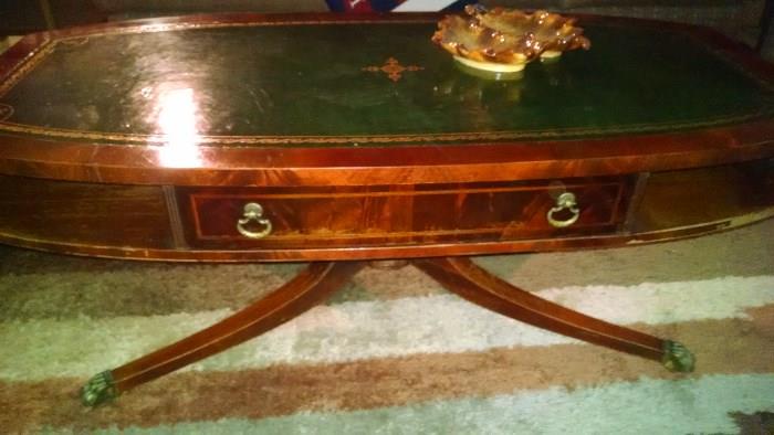VINTAGE 40'S LEATHER INLAID / WOOD COFFEE TABLE.....WE HAVE THE MATCHING END TABLES TOO !!