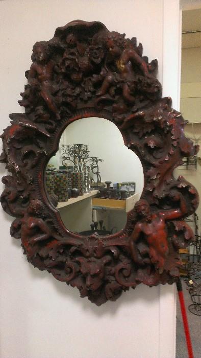 Rococo Style Mirror by Finesse Originals.
 Adam, Eve depicting Garden of Eden with Cherubs and Devil.
