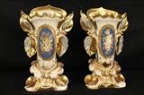 4 - Matched pair of old Paris vases, blue background with gold flowers, has old damage, 13 in. T.