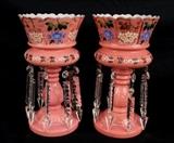 3a - Pair of pink mantle lusters with enamel flowers, 11 in. T, 7 in. Dia.