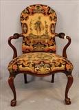 21 - Antique English arm chair with needlepoint upholstery, 42 in. T, 25 in. W, 20 in. D.
