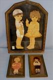 16 - 3 piece set of framed paper dolls with real jewels and human hair, 22T,16W.