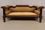 47 - Large Federal flame mahogany sofa with carved fruit front and acanthus carved legs, 35T, 86W, 22D