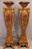 67 - Matched pair of extraordinary French rose marble pedestals with gold appliqué.