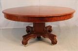 76 - 60 in. mahogany banquet table with 7 ten inch leaves and carved feet, 144 in. with leaves, 30 in. T