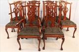 77 - Set of 10 mahogany Chippendale dining chairs, 42 in. T, 24 in. W, 19 in. D, with blue upholstery