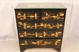 91 - Black lacquer five drawer Chinese chest with glass top, 40 in. T, 36 in. W, 18 in. D. has 2 secret drawers