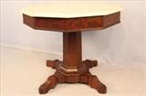 101 - Empire flame mahogany white marble top center table ca.1850, 29T, 37