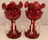 118 - Matched pair of ruby red Victorian lusters with ruffled rims, 12 in. T, 7 in. D.