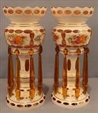 119 - Matched pair of unusual rare white cut to amber lusters with amber prisms, 13 in.T., 6 in. D.