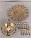 127 - Deal of sterling 12 salt spoons, sterling basket, and  Russian Victorian tray