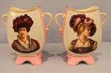 141 - Matched pair of old Paris portrait vases with Victorian ladies, 10 in. T, 10 in. W, 4 in. D.