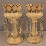 143 - Matched pair of white lusters with good green , orange and gold enamel, 14 in. T, 7 in. D.