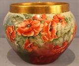 145 - Limoges Jardiniere with poppies in excellent condition, signed by artist, 9 in. T, 9 in. D.