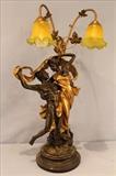148 - Victorian style newel post lamp with classical figures, 33 in. T, 196 in. W.