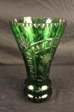 150 - Green cut to clear cut glass vase, 12 in. T, 7 in. Dia.