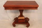176a - Flame mahogany empire game table with pumpkin base, 30T, 34W, 17D
