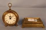 187 - Swiss made brass desk clock in form of pocket watch and brass stamp  box ca.1890-1920