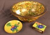 193 - Cloisonne bowl (excellent), cloisonne match safe, and ashtray