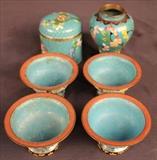192 - Cloisonne covered cigarette jar, blue with flowers, vase, set of 4 prayer cups, all marked china