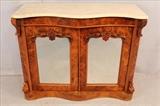 240 - English burl walnut parlor cabinet with white marble top and carved roses, 33T, 42W, 18D.