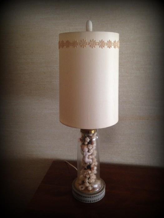 Super unique vintage lamp with porcelain figurine and flowers under glass!