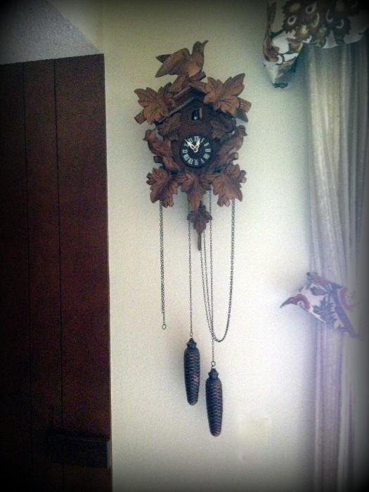 Albert Schwab Karlsruhe "Cuckoo-Cuckoo" ~~ A wonderful Cuckoo Clock in excellent condition! Note the chain is looped up and around the clock in this picture. The chain hangs wonderfully down and the clock functions! Made in Germany!