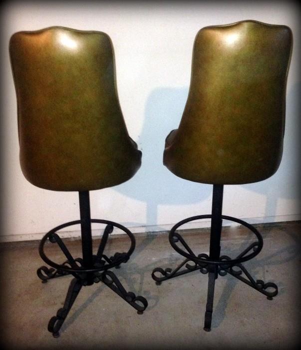 Vintage vinyl bar stools in a cool, copper-gold color with rod iron foot rest and stand ~~~ Perfect Condition!