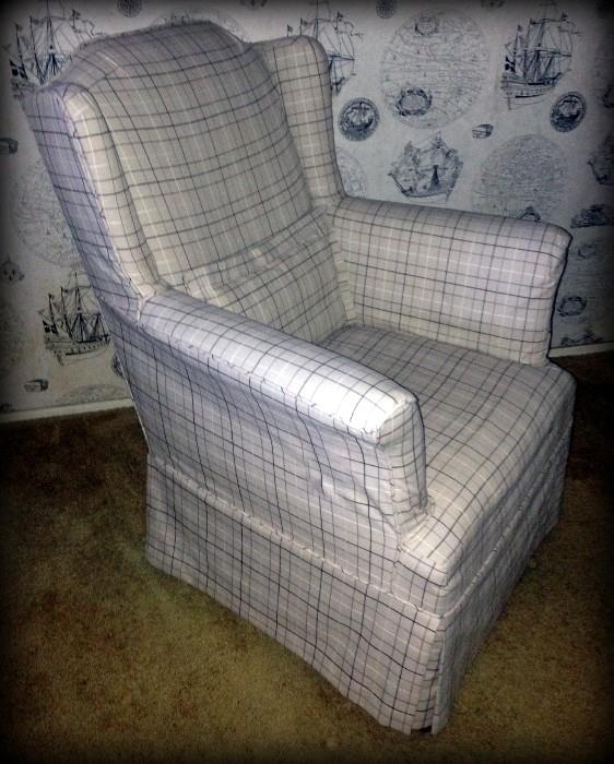 Very comfortable easy chair in a neutral stripe fabric ~~ easy to add a slip cover to change the color!