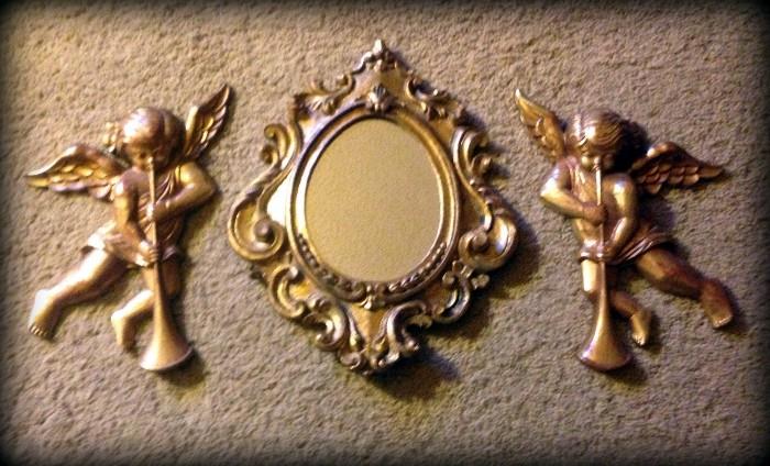 Gold angelic wall mount figurines with a gold mirror!