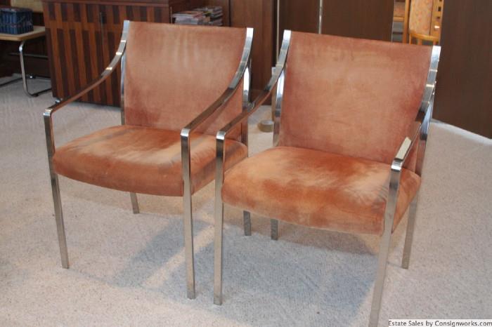 Pair modern chairs, upholstered in pumpkin suede