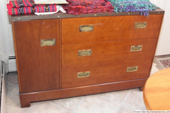 Mid century modern server with brass hardware accents