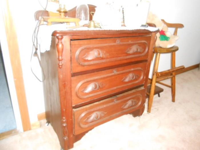 antique Walnut chest of drawers with backsplash, child highchair 