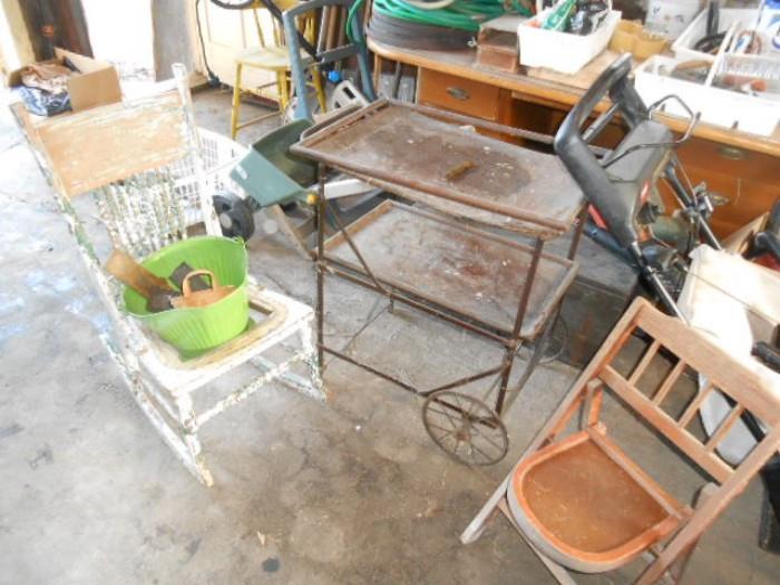tea cart is now in the house and shabby rocker in the garage, childs chair