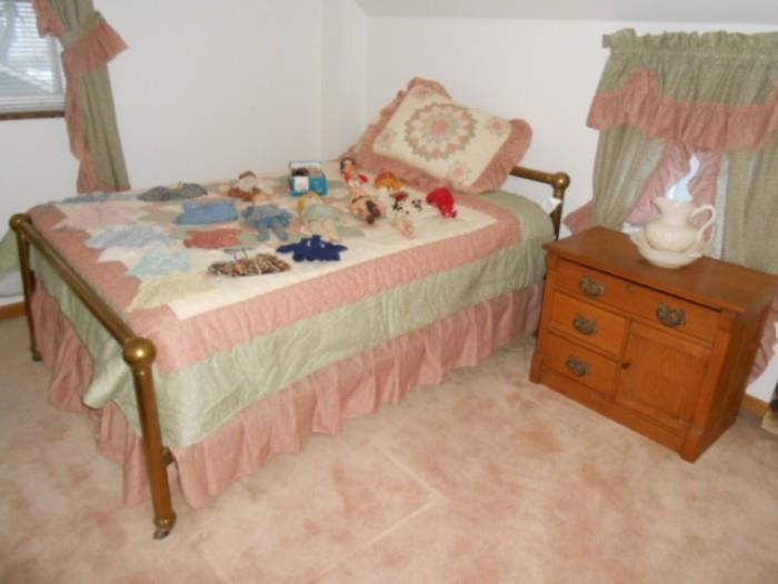 Brass Bed , antique cabinet, vintage dolls 
