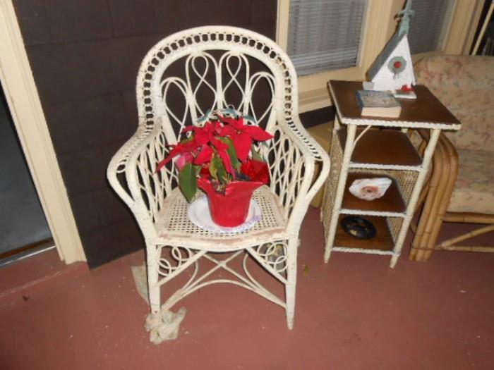 Vintage wicker chair and side table/ stand