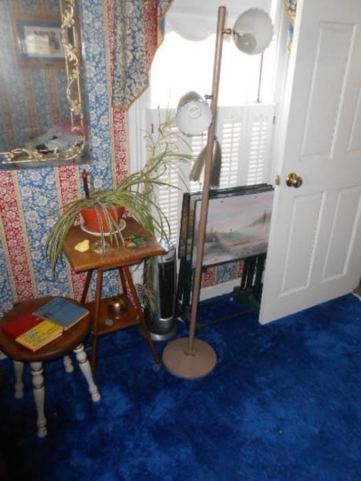 MCM floor lamp, vintage plant stand and stool, TV trays