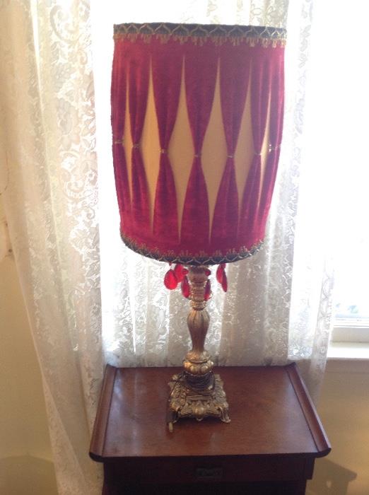 Lamp with Red Crystals and Velvet Fabric in Shade