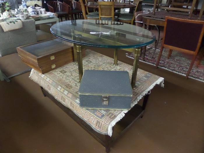 3/4" Oval glass top table with brass base - Vintage picnic case - Turkish 100% wool rug - oblong cocktail table (bottom)