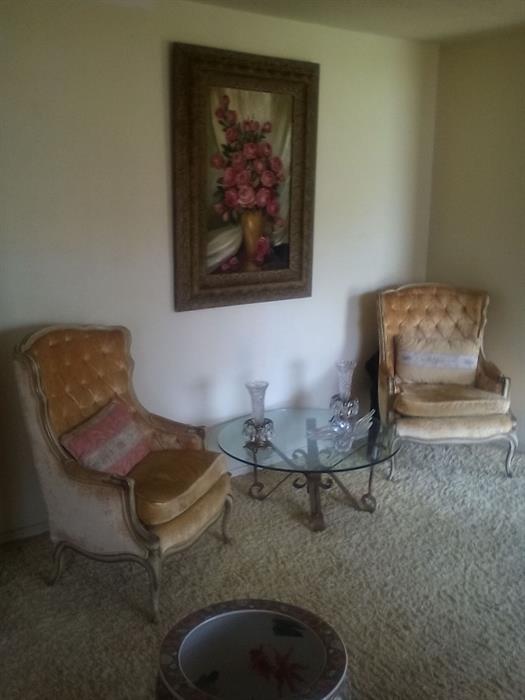 Great vintage paired French provencial chairs in gold velvet fabric. Matching 1970's coffee table to lamp tables.