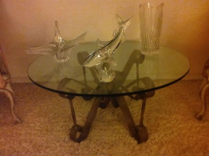 Close-up of 1970' coffee tables and fabulous crystal pieces adorning it.