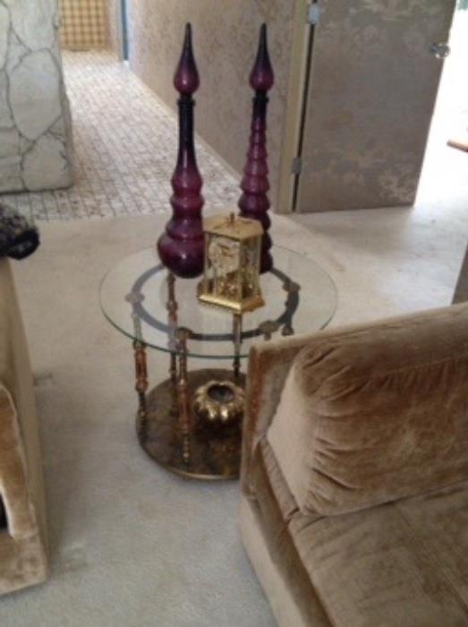 brass and glass side table, brass clock and hand-blown glass 
