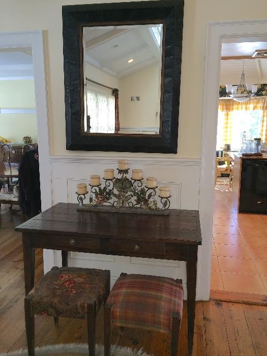 Antique table & 2 stools